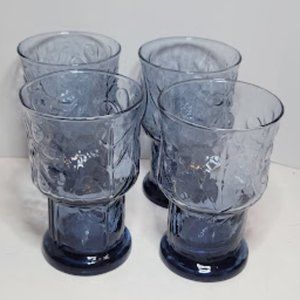 SET OF 4 VINTAGE 1970's LIBBEY BLUE GLASS TUMBLERS COUNTRY GARDEN DAISEY FLOWER